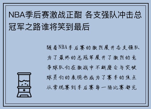 NBA季后赛激战正酣 各支强队冲击总冠军之路谁将笑到最后